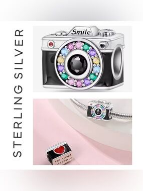 🌟 S925 Sterling Silver Multicolored Stone Camera Charm